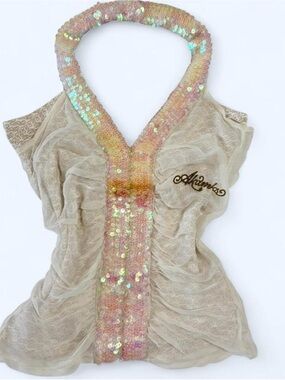 Sequin Trim Halter Top in Champagne